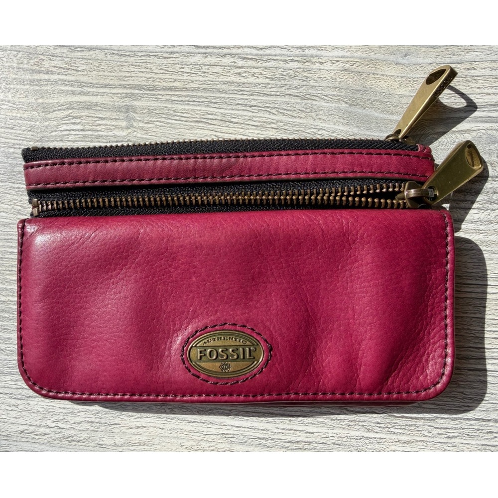 Fossil Long Live Vintage Y2K Leather Double Zip Wallet Berry Pink SL3895 Magenta